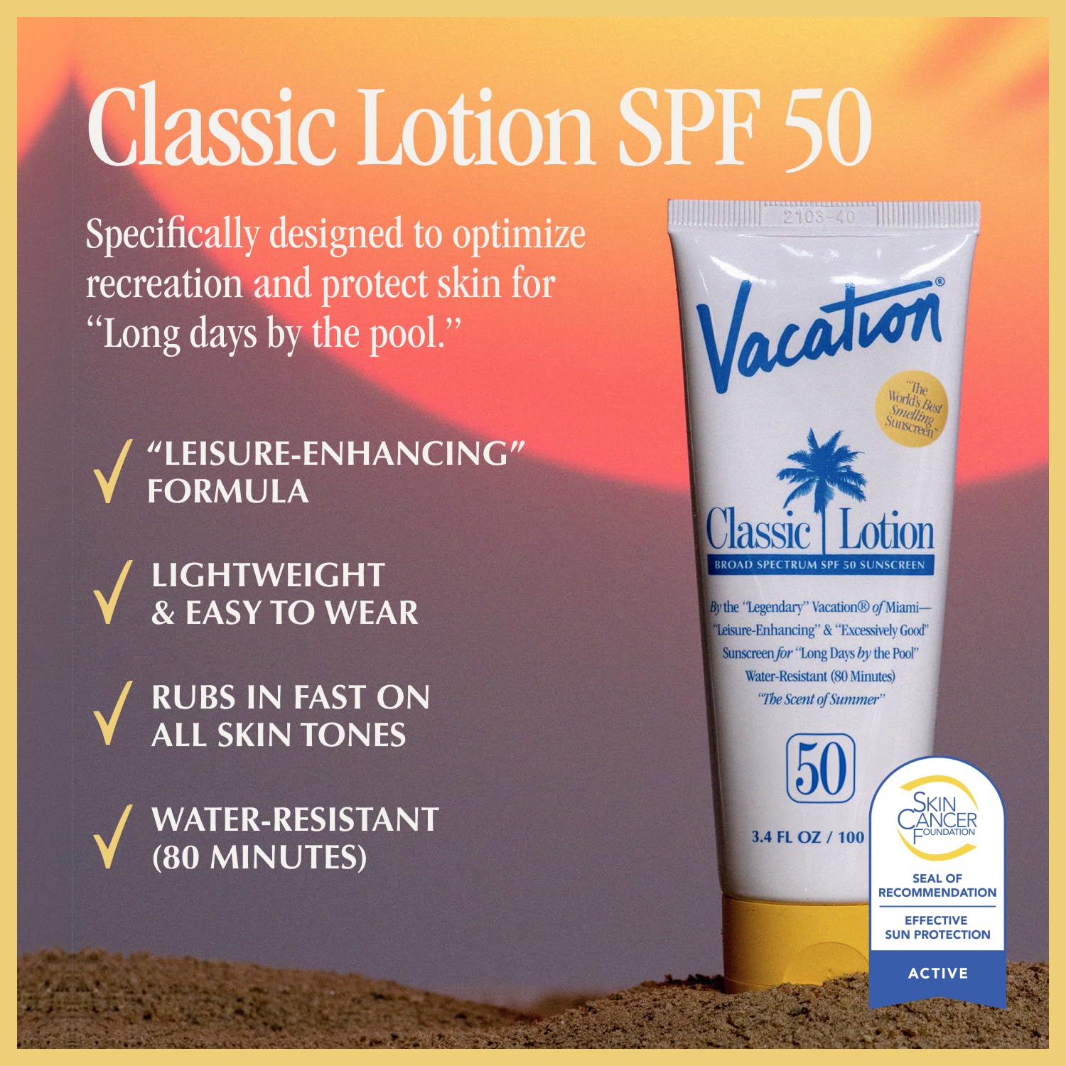 Vacation Classic sunscreen SPF50 label closeup highlighting premium formulation details for protection.