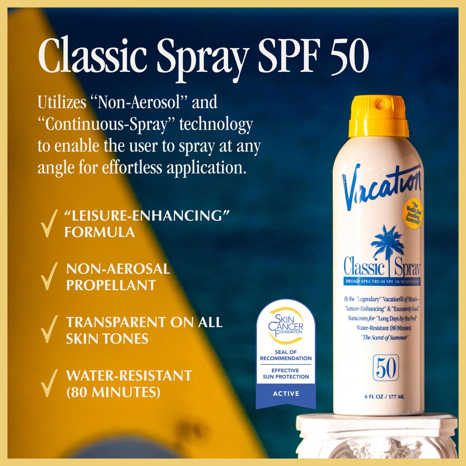 Vacation Classic Sunscreen Spray angle view demonstrates easy upside-down application.
