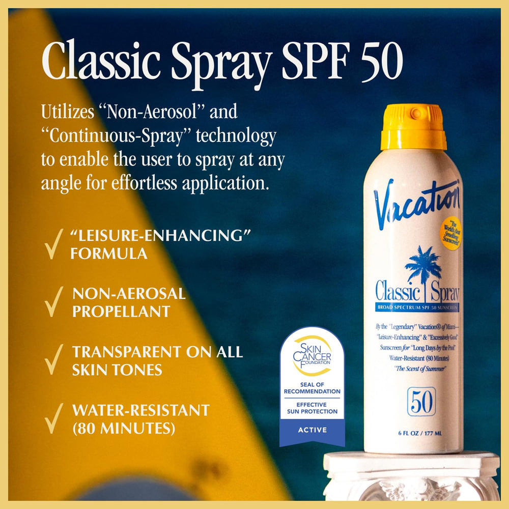 Vacation Classic Sunscreen Spray angle view demonstrates easy upside-down application.