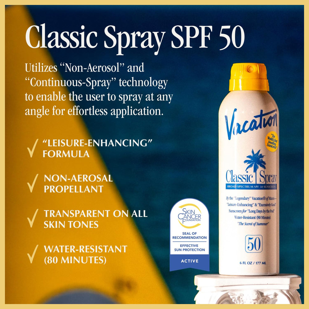 VACATION Classic Sunscreen Spray applied to skin with a smooth, non-greasy finish.