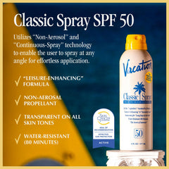 VACATION Classic Sunscreen Spray applied to skin with a smooth, non-greasy finish.