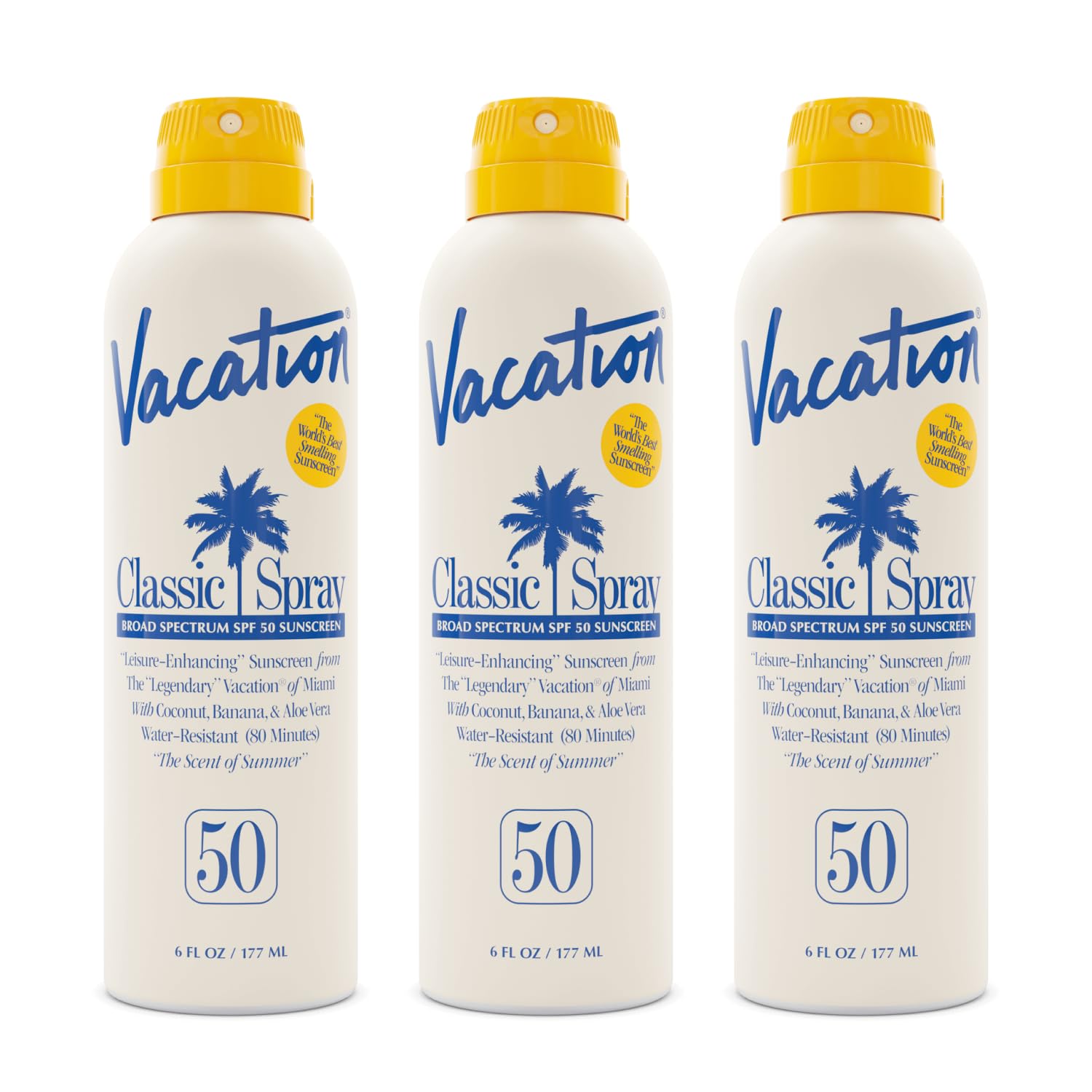 VACATION Classic Sunscreen Spray SPF 50 bottle delivering invisible protection on skin.