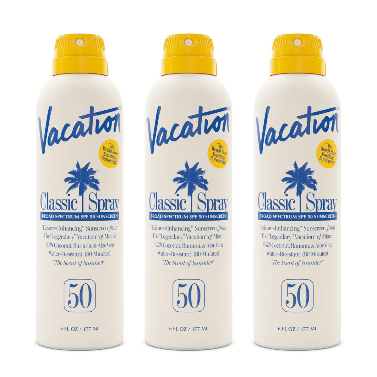 VACATION Classic Sunscreen Spray SPF 50 bottle delivering invisible protection on skin.