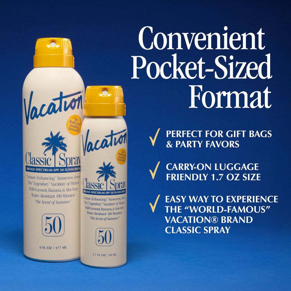 Vacation Mini Classic Sunscreen Spray angle-use illustrates upside-down spraying capability.