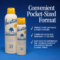 Vacation Mini Classic Sunscreen Spray angle-use illustrates upside-down spraying capability.