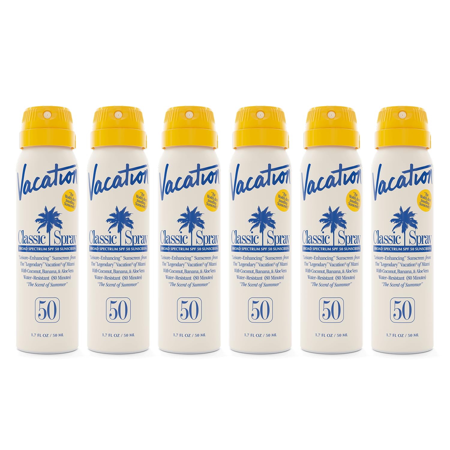 Vacation Mini Classic Sunscreen Spray front view highlights compact travel size for on-the-go protection.