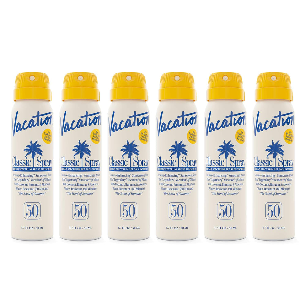 Vacation Mini Classic Sunscreen Spray front view highlights compact travel size for on-the-go protection.