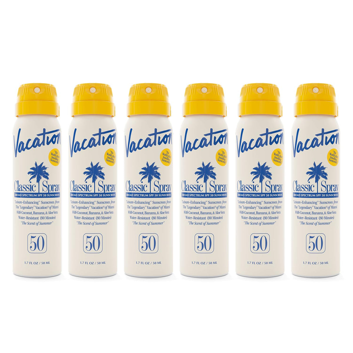Vacation Mini Classic Sunscreen Spray front view highlights compact travel size for on-the-go protection.