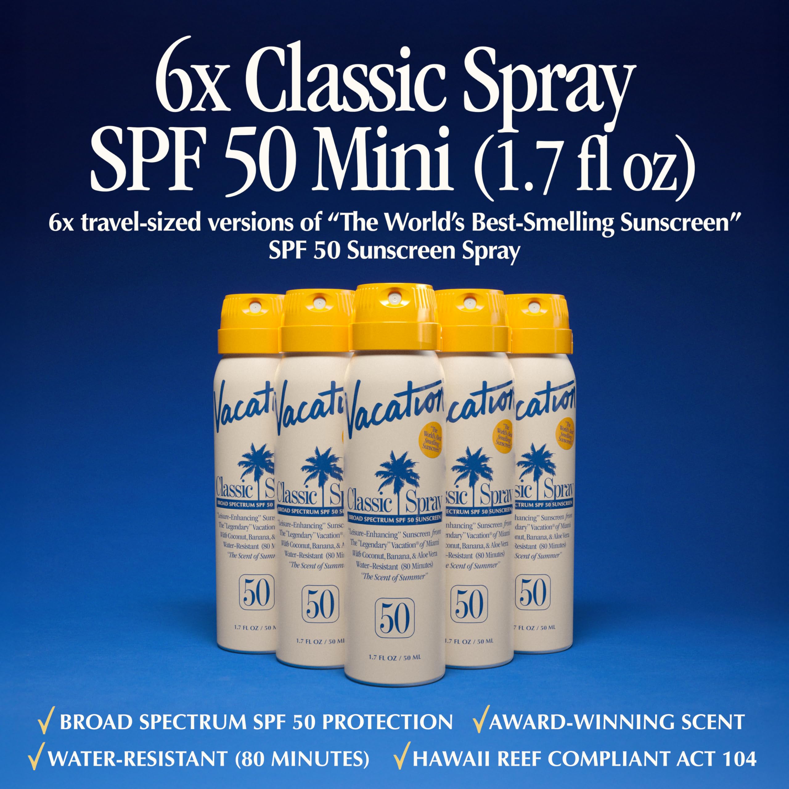 Vacation Mini Classic Sunscreen Spray side view highlights portable design for bags.