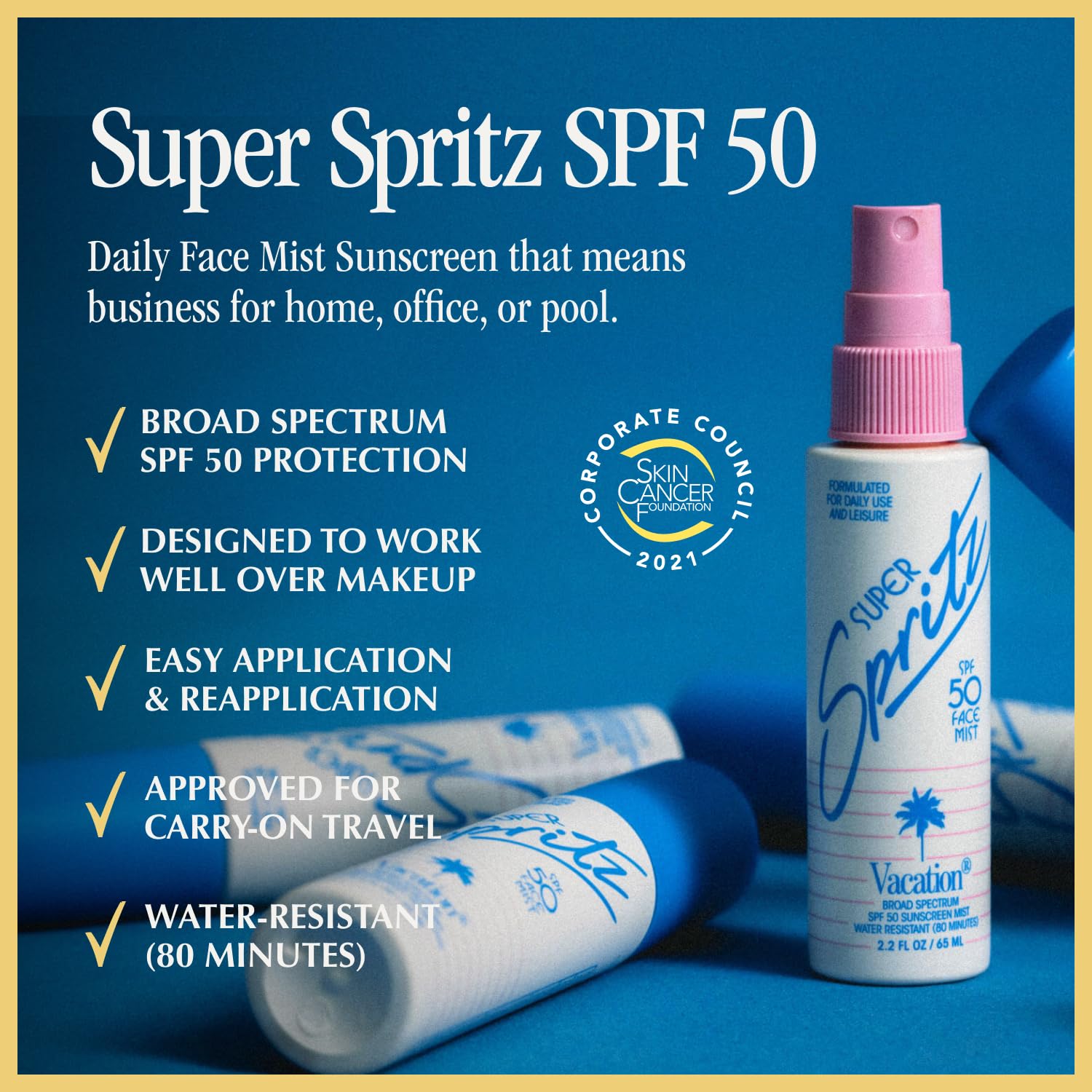 Vacation Super Spritz SPF 50 face mist spray action for quick refresh
