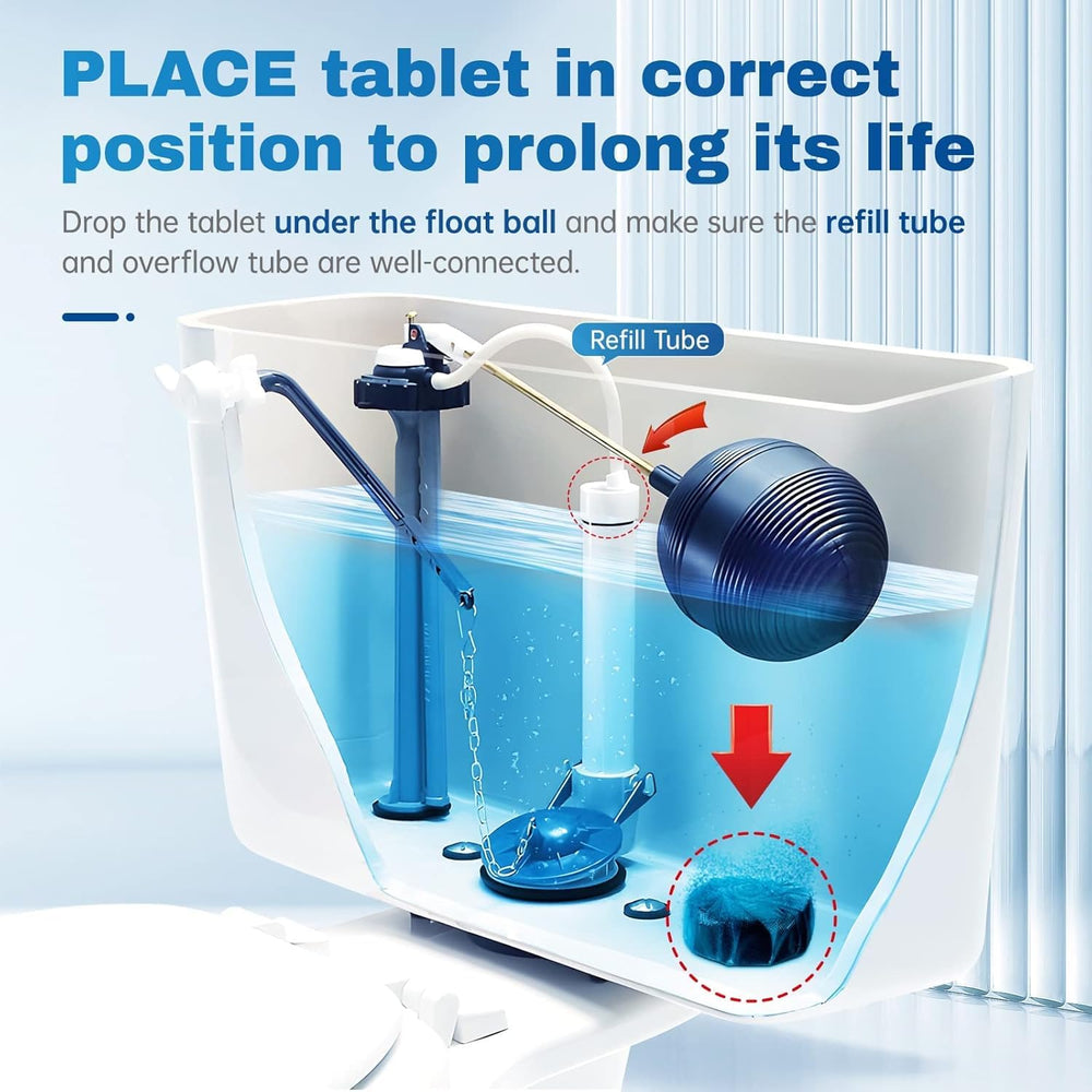 Blue-dissolving water in the toilet tank showing activation of Vacplus cleaner