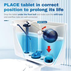 Blue-dissolving water in the toilet tank showing activation of Vacplus cleaner