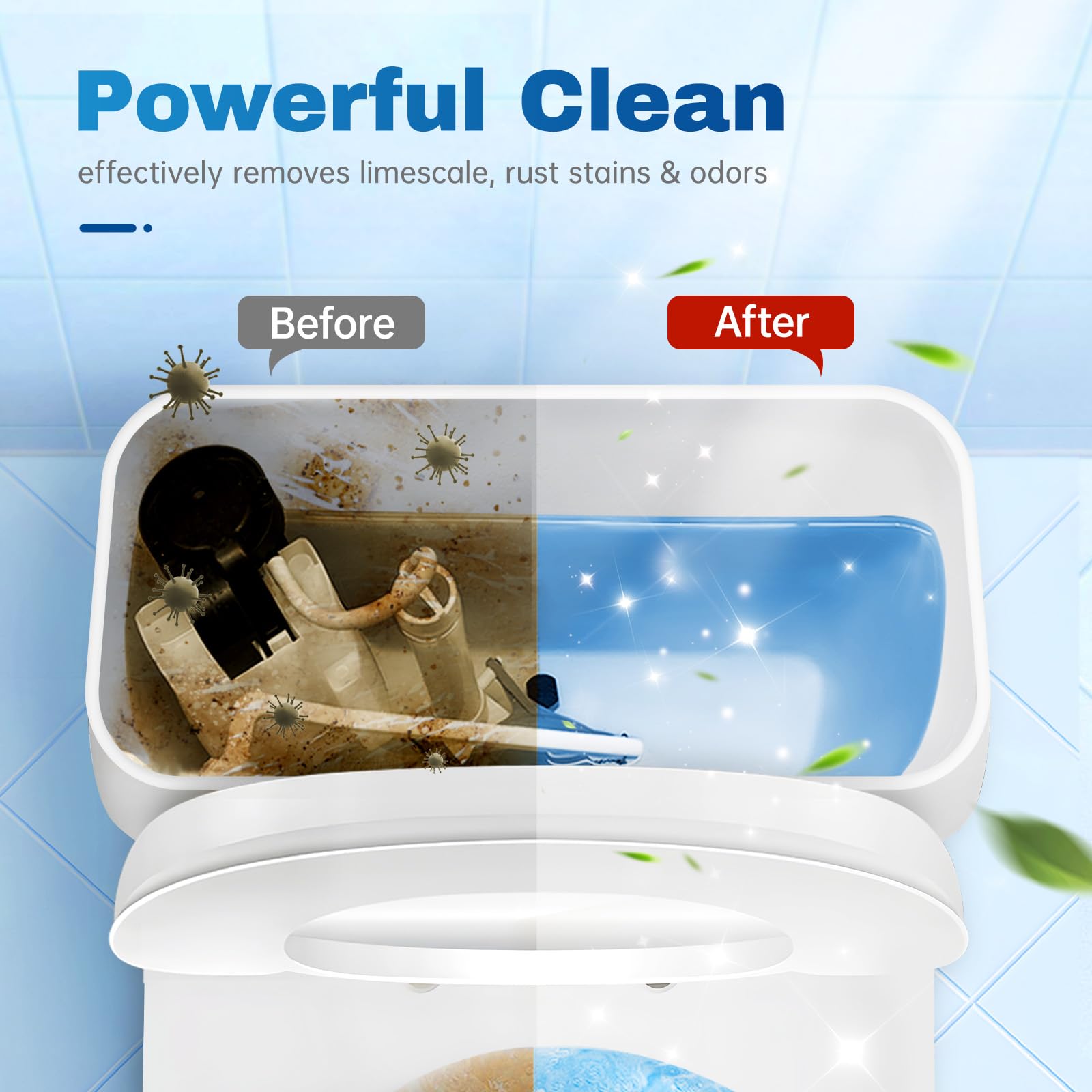 Vacplus safe-on-pipes label shows compatibility with all toilet components.