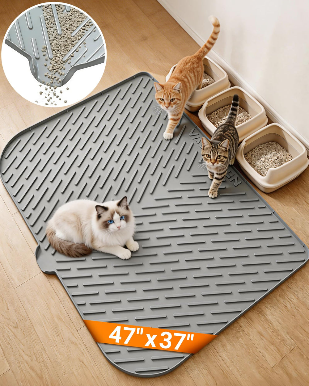 Vacqueen mat, versatile grey design, can serve as a feeding mat as well.