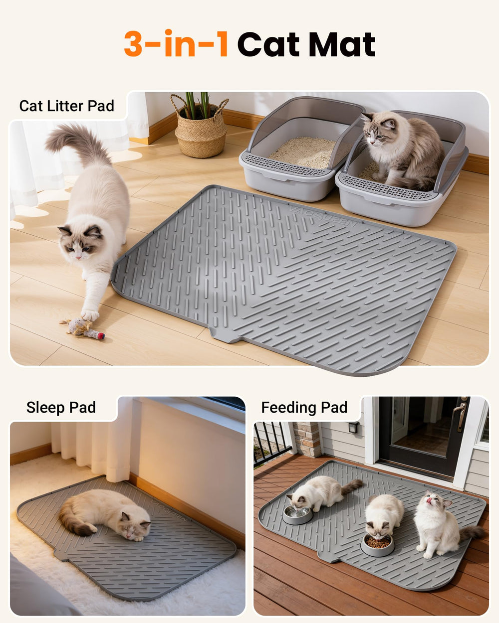 Vacqueen mat highlights groove stripes that trap litter as cats exit.