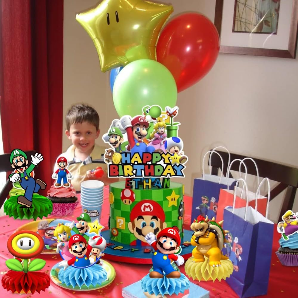 VAESCOL Mario party scene featuring centerpieces perfect for family gatherings.