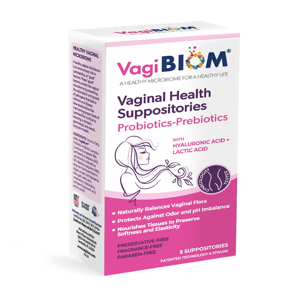 VagiBiom packaging highlights convenient probiotic suppositories for daily balance.