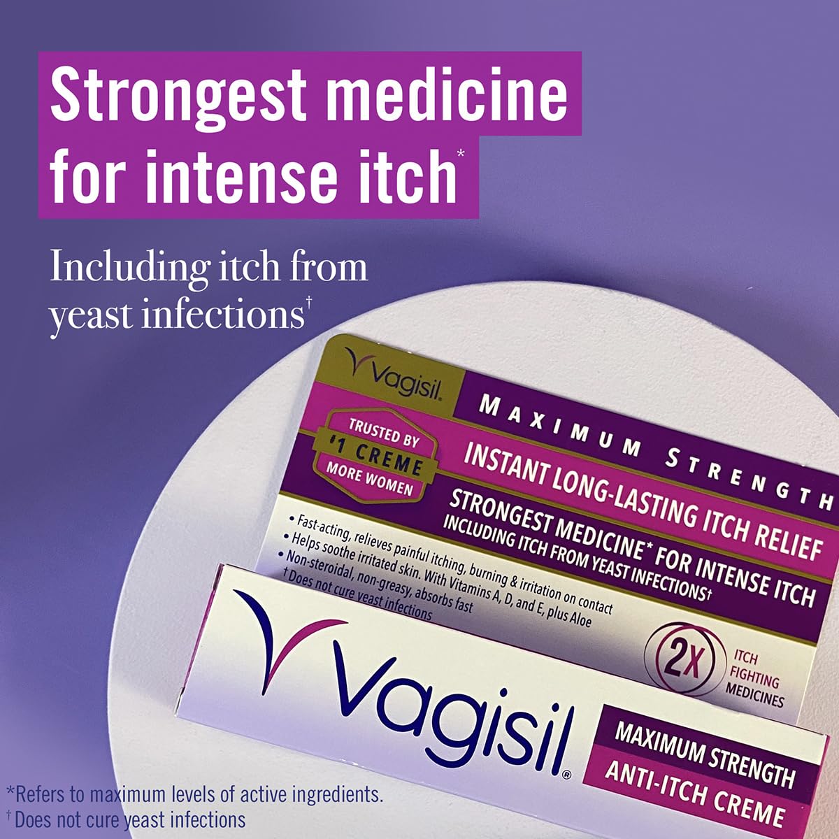 Vagisil anti-itch cream tube close-up highlights soothing formula.