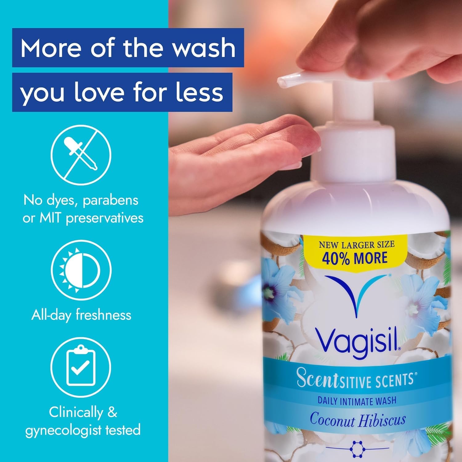 Vagisil coconut hibiscus ingredients listing showcases dye-free, hypoallergenic care.