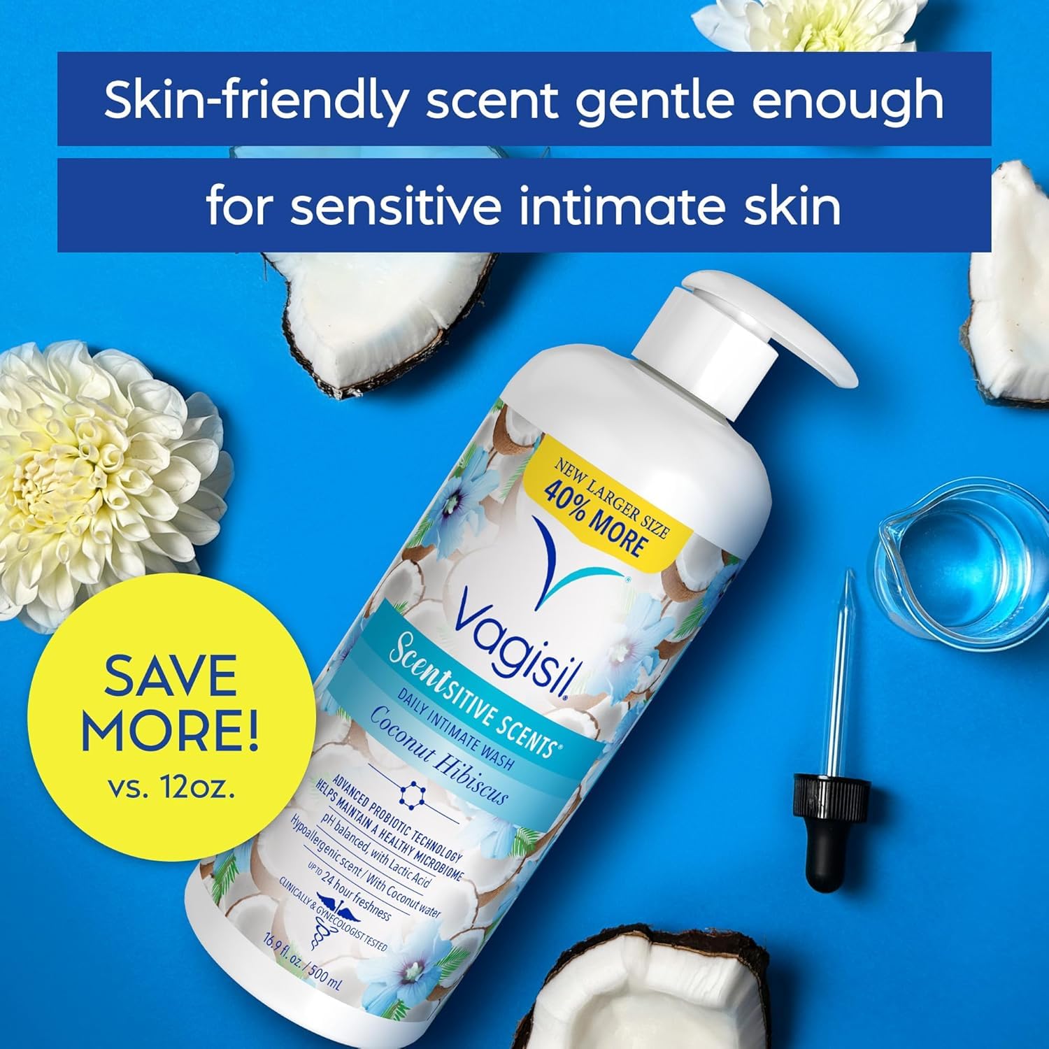 Vagisil coconut hibiscus pump bottle for convenient one-handed shower use.