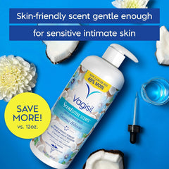 Vagisil coconut hibiscus pump bottle for convenient one-handed shower use.