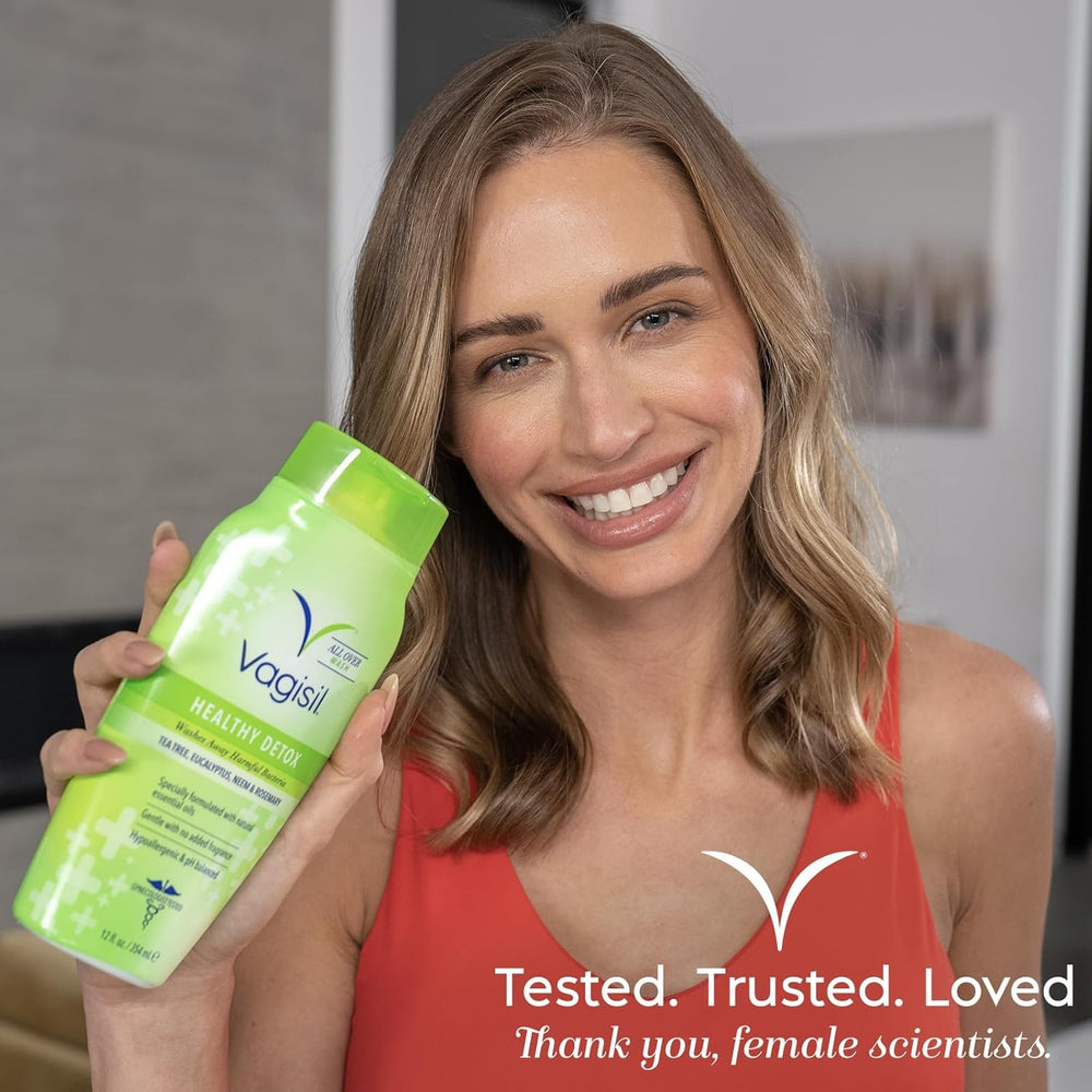 Close-up of Vagisil Healthy Detox label emphasizing hypoallergenic formula and pH balance.