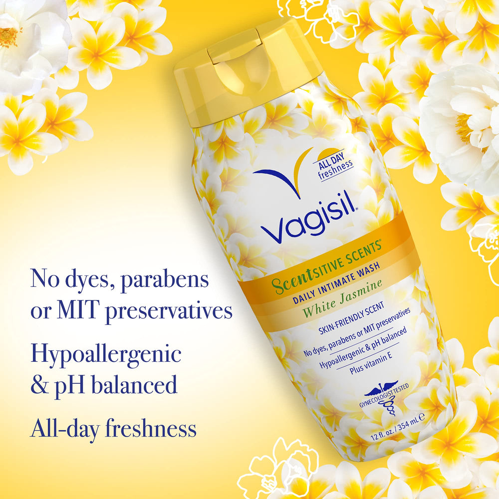 Three-pack Vagisil feminine wash on bathroom shelf for daily use.