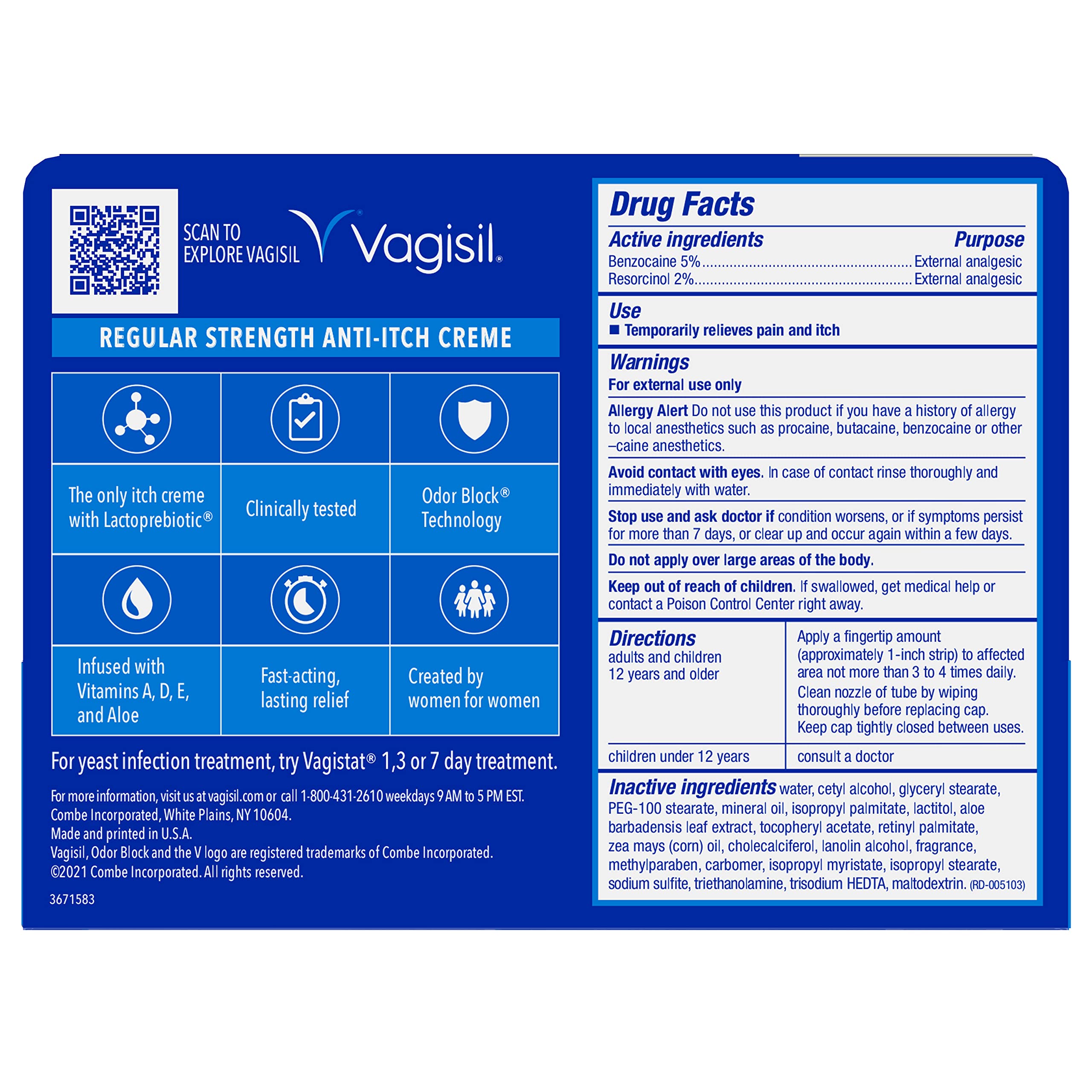Vagisil ingredients label focusing on vitamins A, D, E and Aloe for calming skin