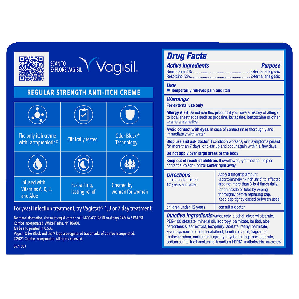 Vagisil ingredients label focusing on vitamins A, D, E and Aloe for calming skin