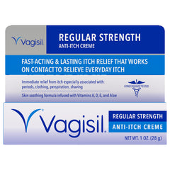 Vagisil Regular Strength Anti-Itch Cream tube close-up showing fast relief for vaginal itching