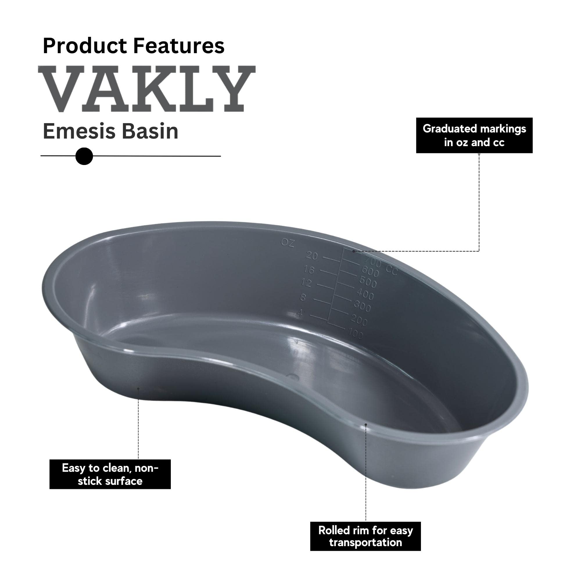 Vakly emesis basin kidney-shaped supports stable handling during transfers and rinsing.