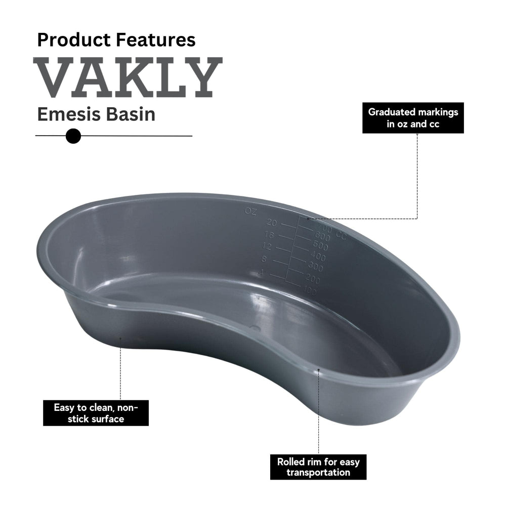 Vakly emesis basin kidney-shaped supports stable handling during transfers and rinsing.