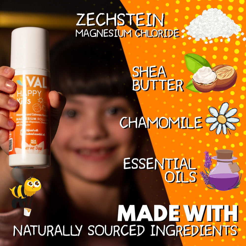 VAL Magnesium Roll-On for Kids shea butter; skin-friendly hydration during application.