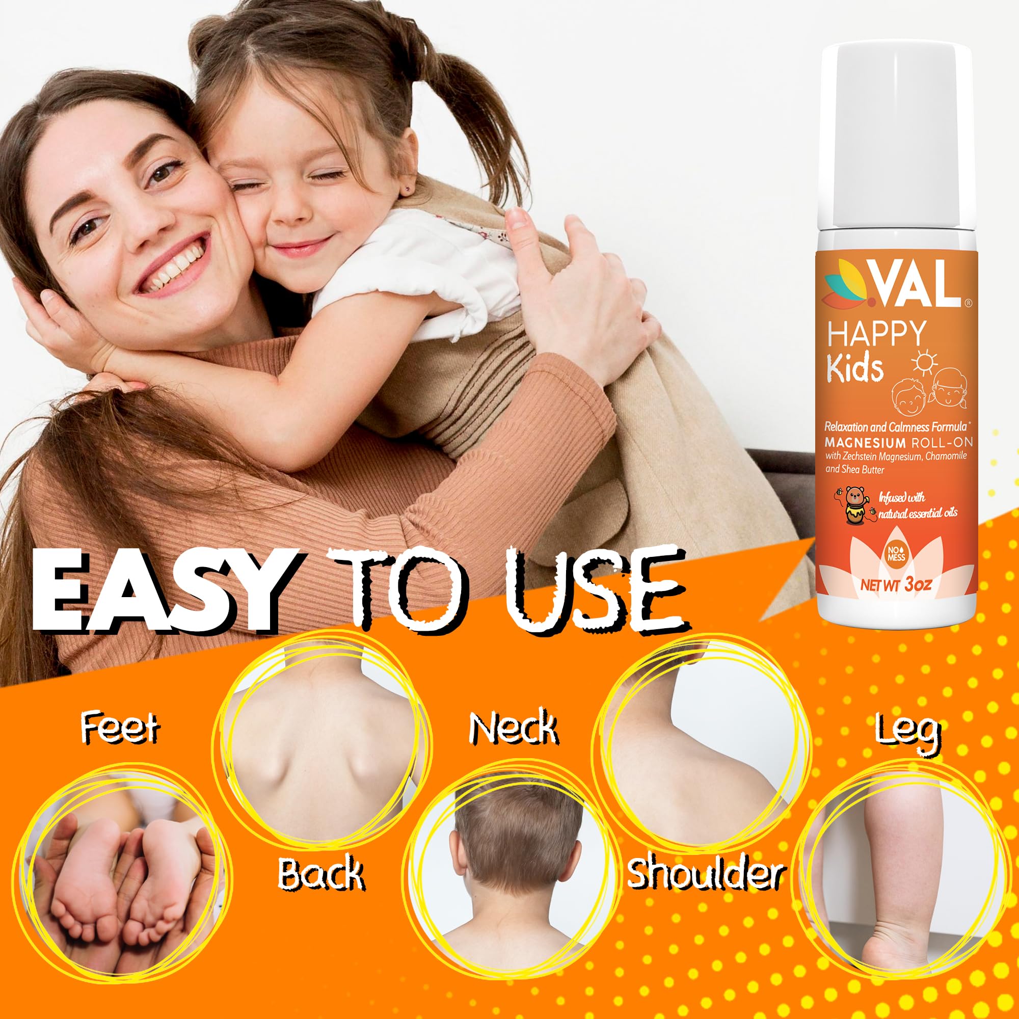 VAL Magnesium Roll-On with lightweight texture; non-greasy touch for quick use.