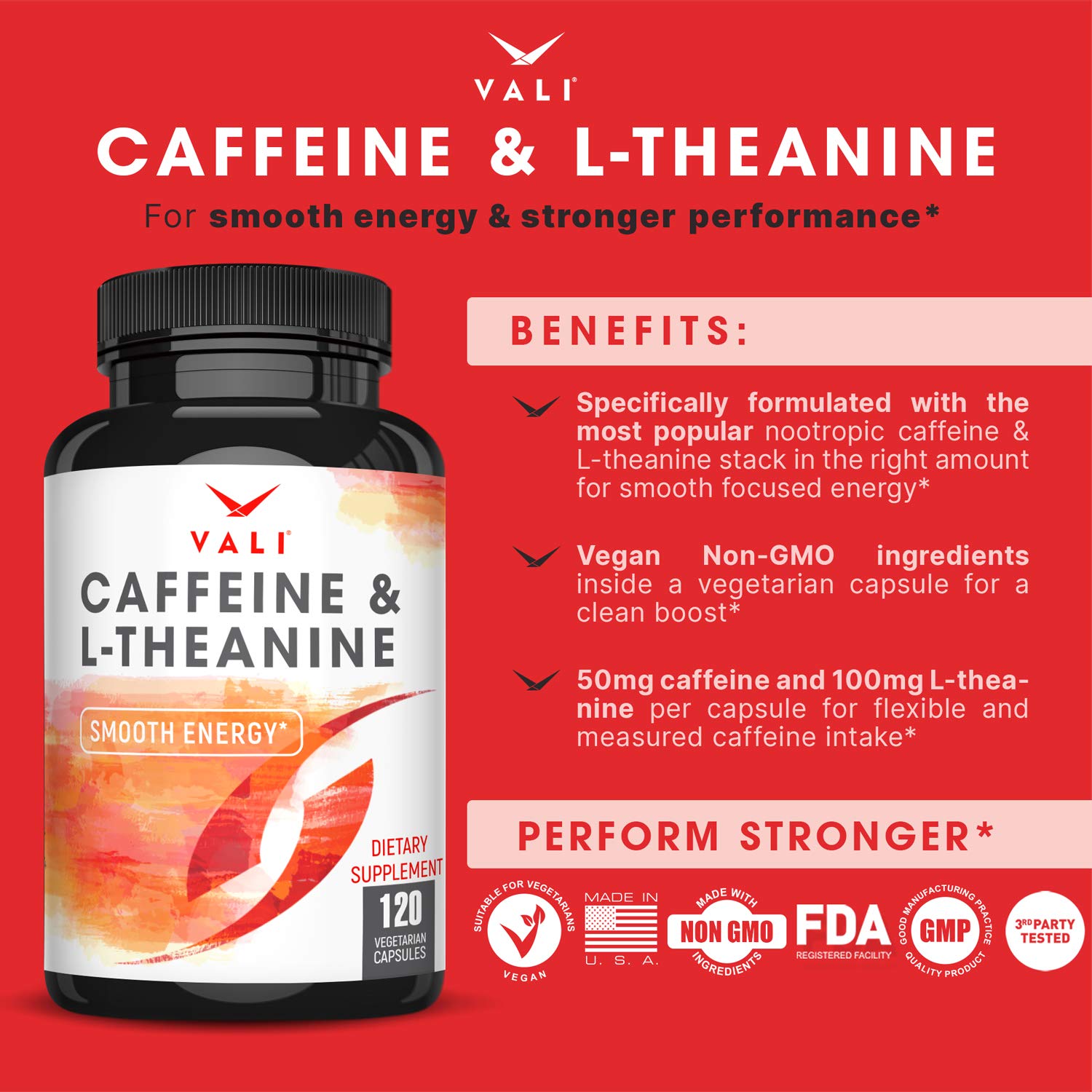 VALI caffeine-l-theanine bottle front highlights minimal ingredients.