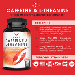 VALI caffeine-l-theanine bottle front highlights minimal ingredients.