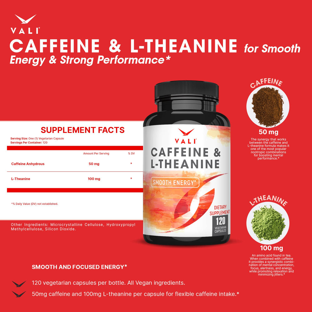 VALI caffeine-l-theanine capsules label closeup reveals clean formula.