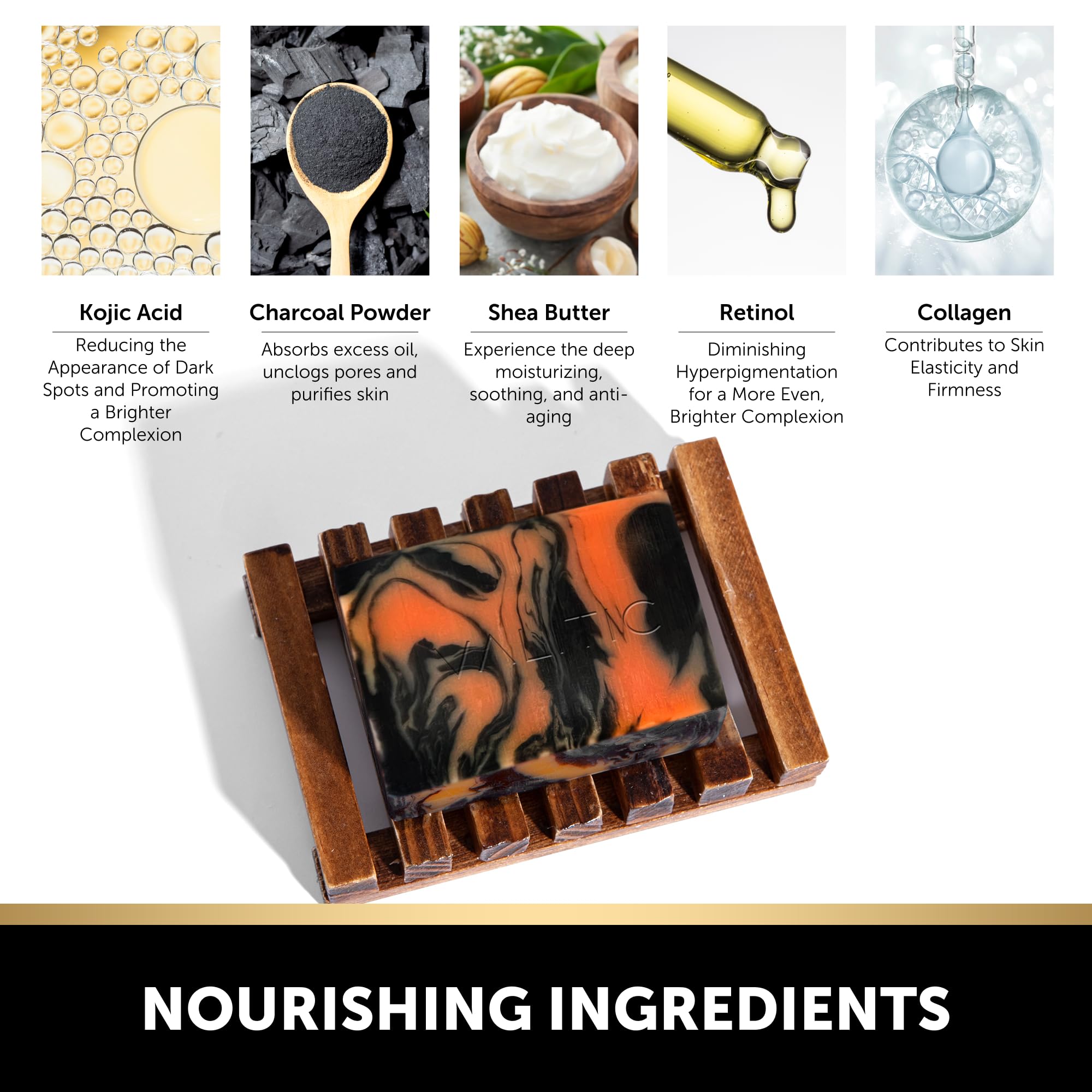 VALITIC charcoal bar natural ingredients label featuring kojic and turmeric