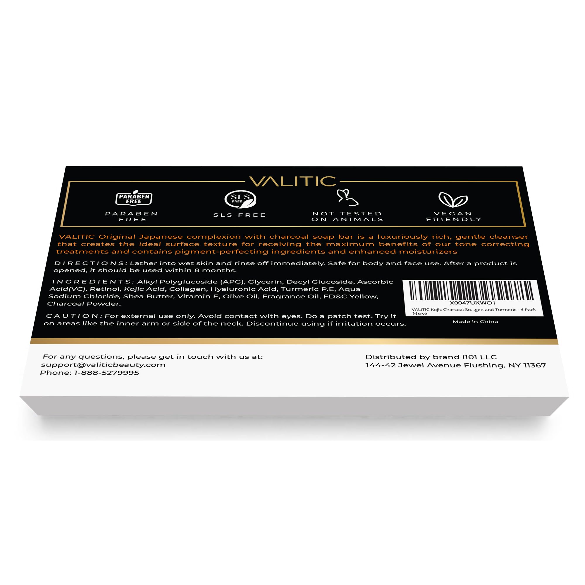 VALITIC charcoal kojic turmeric bar pack-details on box conveys multi-purpose cleansing