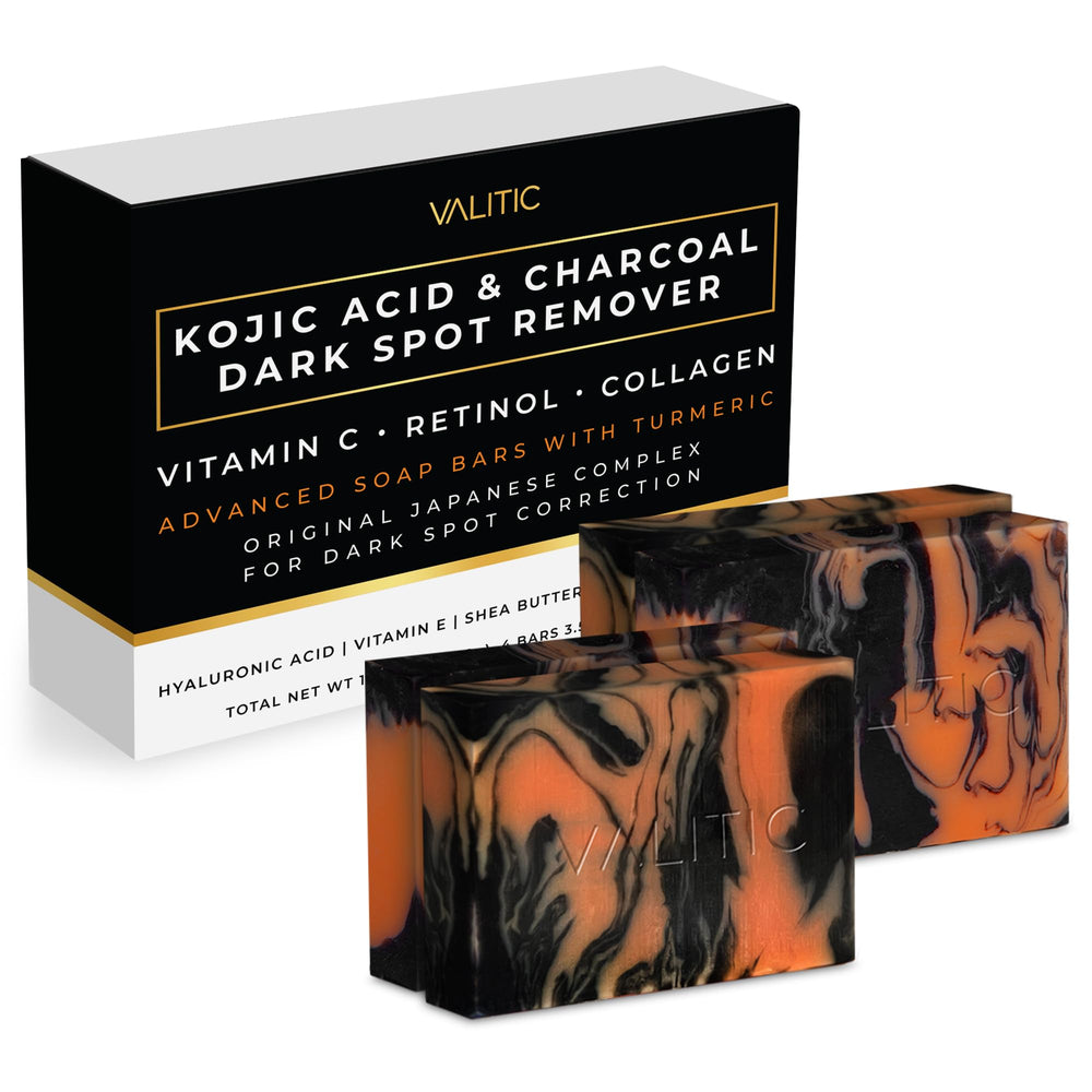 VALITIC charcoal kojic turmeric bar pack-front highlights cleansing and potential brightening for face and body