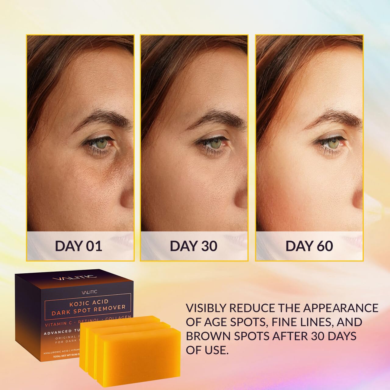 VALITIC Kojic Acid soap bar close-up with creamy lather for daily cleansing.
