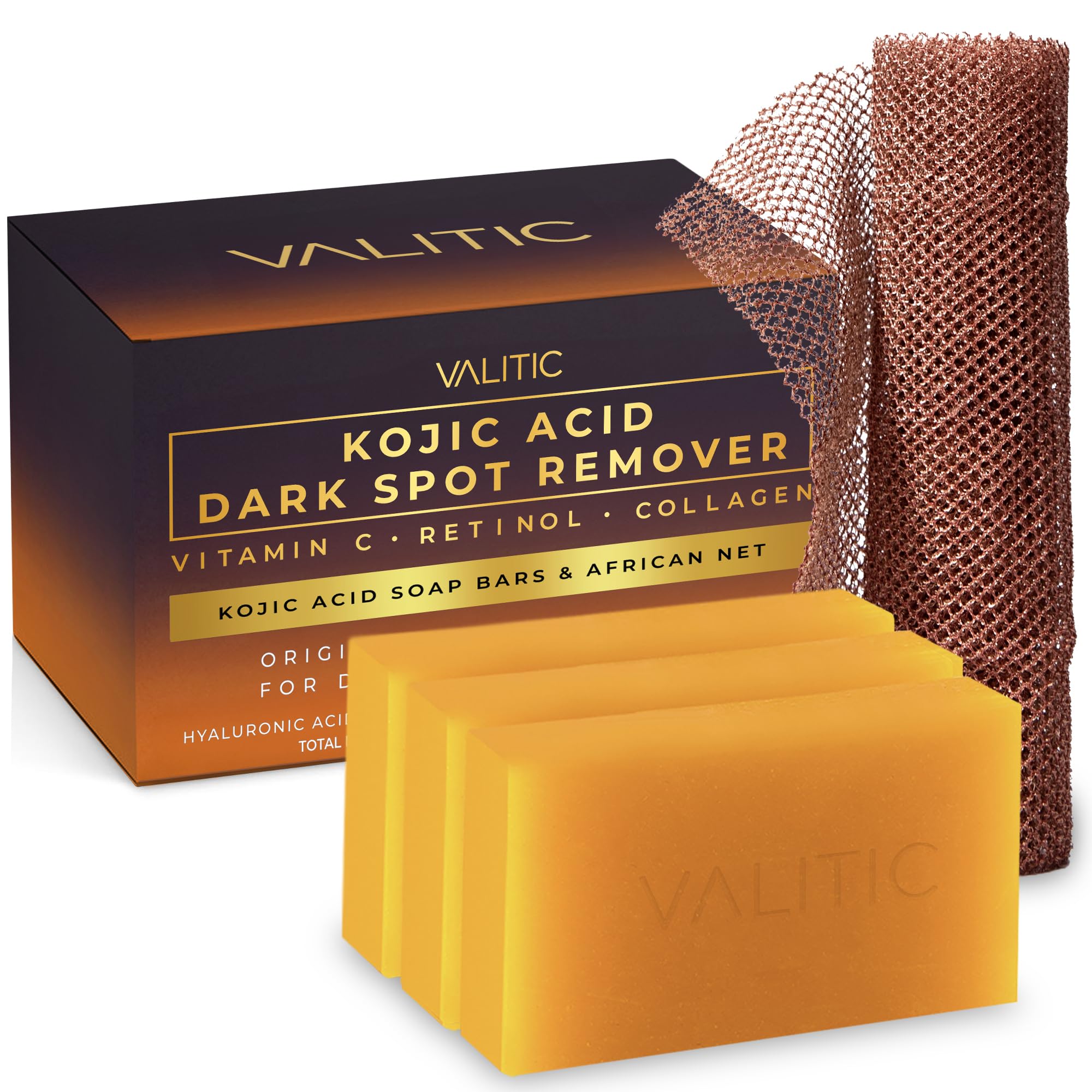 VALITIC kojic acid soap bundle with African net for even tone and gentle exfoliation.