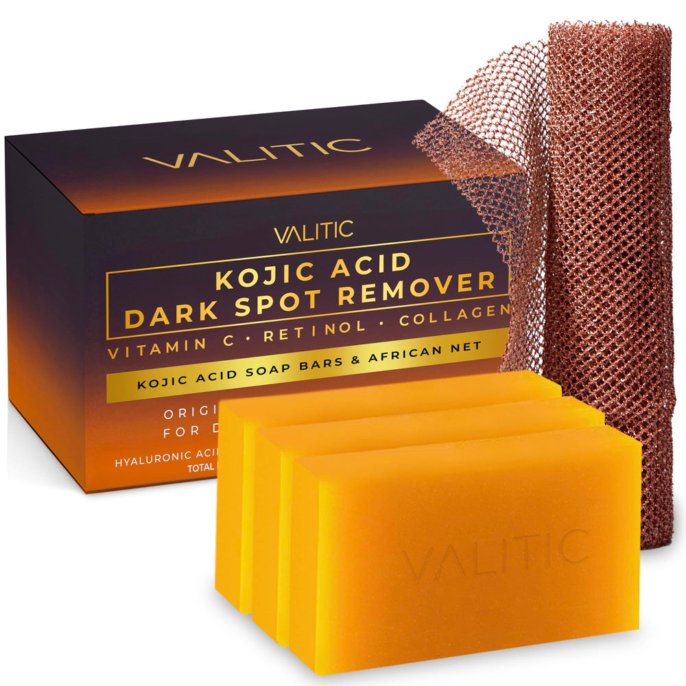 VALITIC kojic acid soap bundle with African net for even tone and gentle exfoliation.