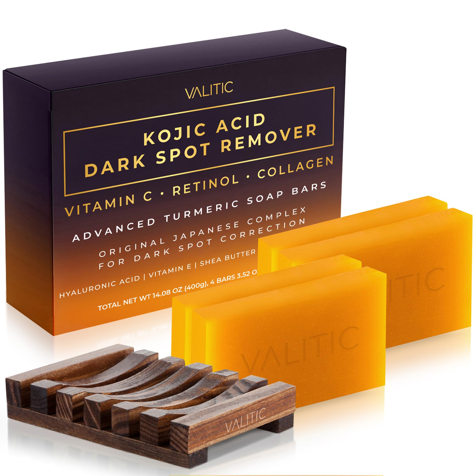 VALITIC Kojic Acid Dark Spot Soap Bar packaging showcases premium formula for an even-toned complexion