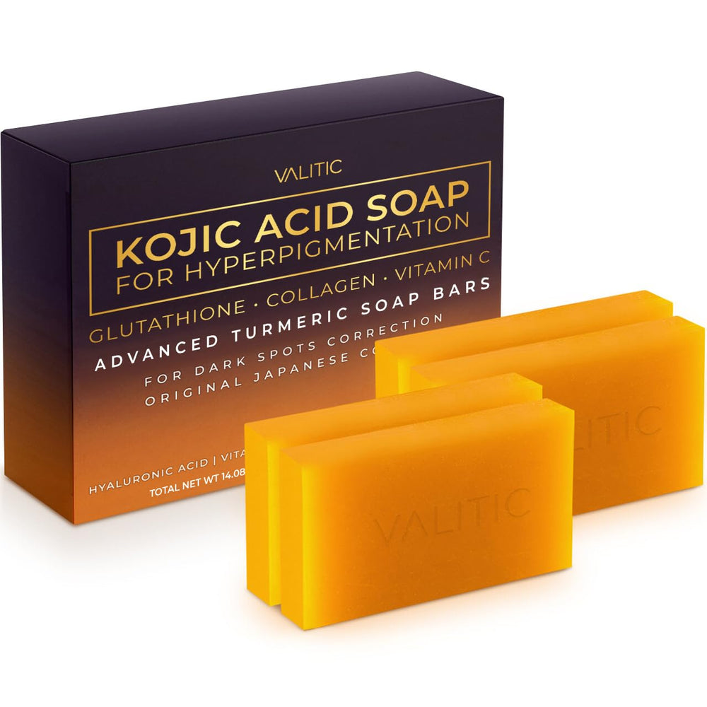 Valitic Kojic Acid Soap bar 4-pack on display for dark spot care