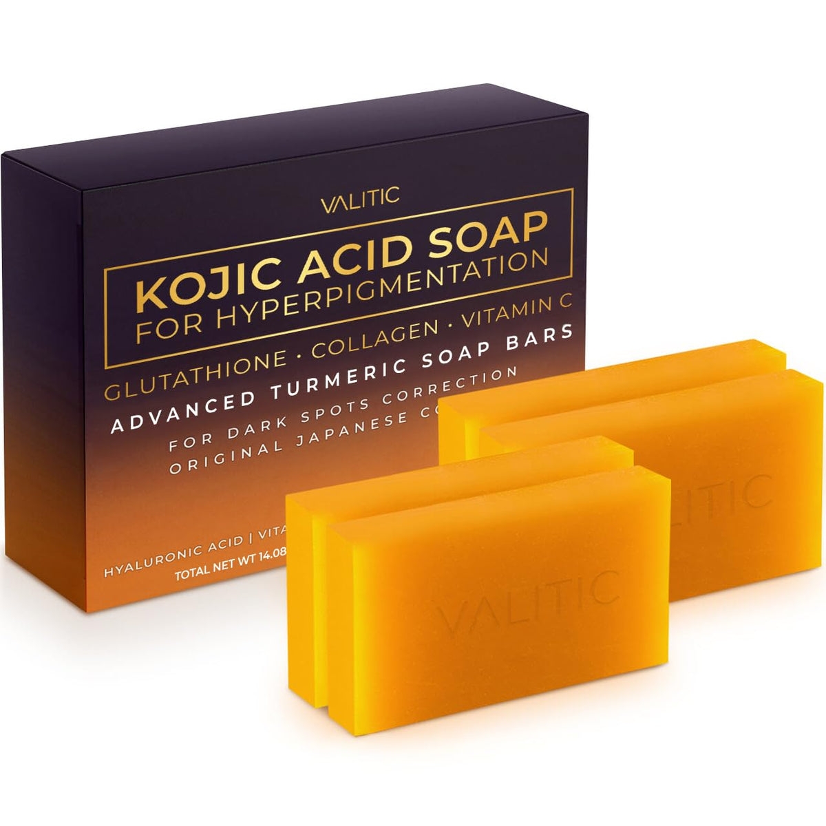 Valitic Kojic Acid Soap bar 4-pack on display for dark spot care