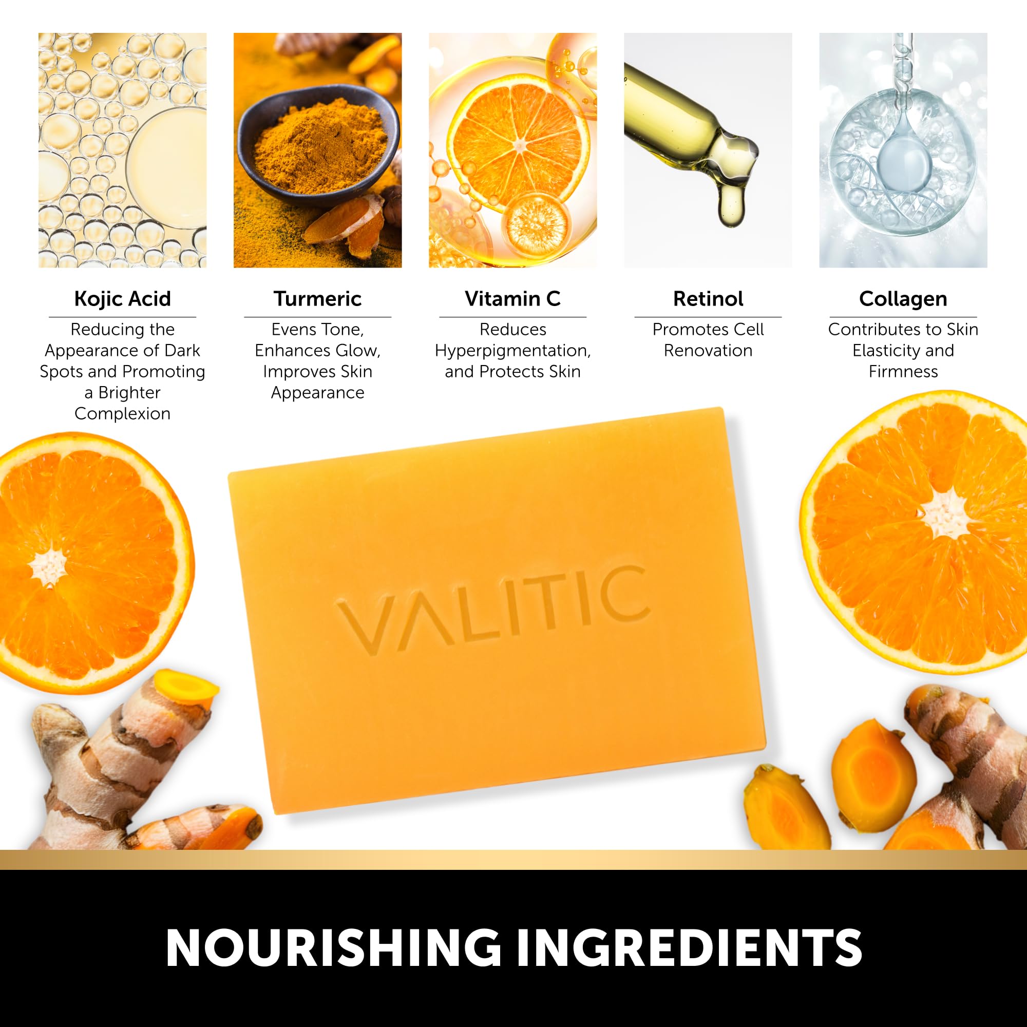 Valitic Kojic Acid Soap with glutathione and collagen closeup of ingredients