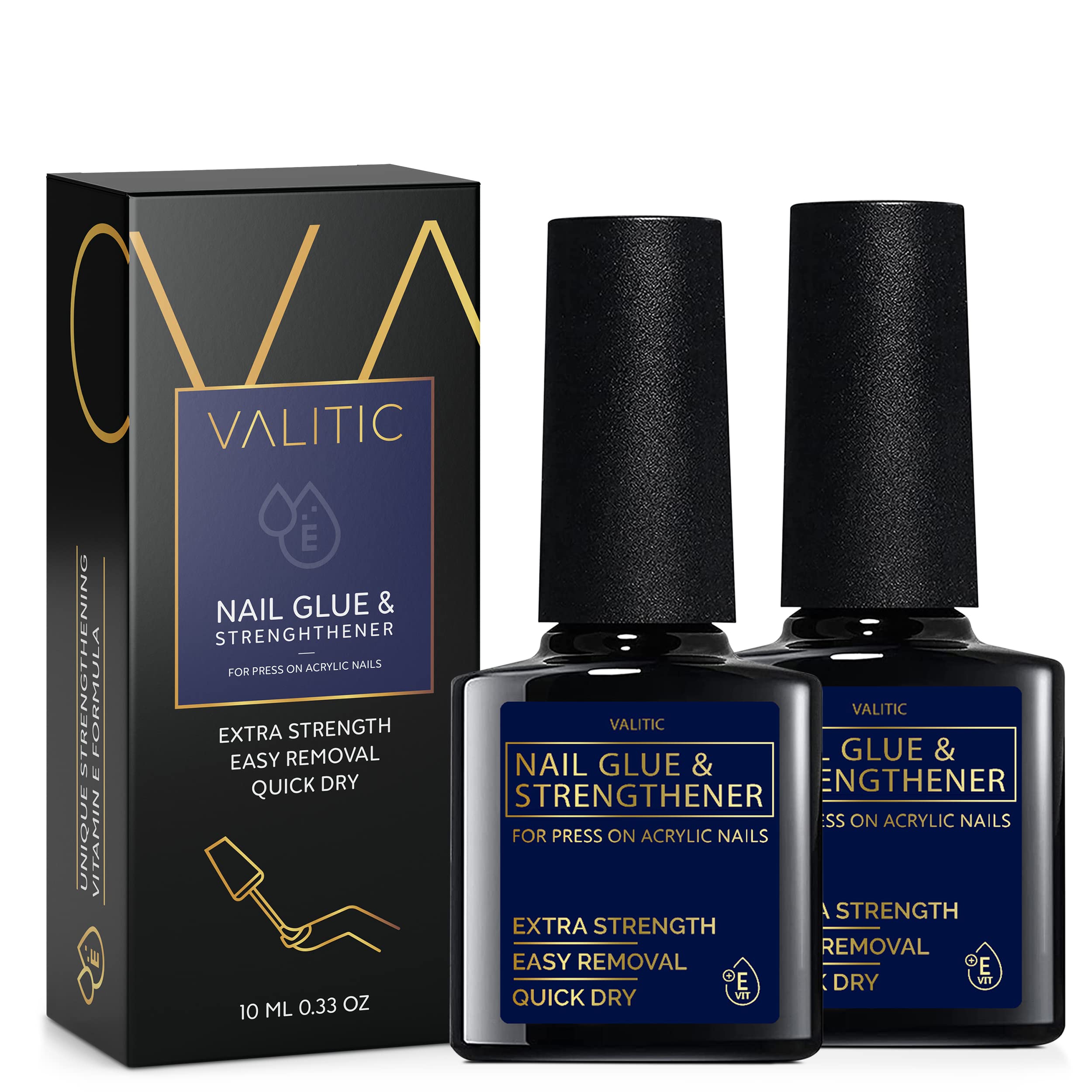 VALITIC Strong Nail Glue bottle with brush for quick-dry, secure bond.