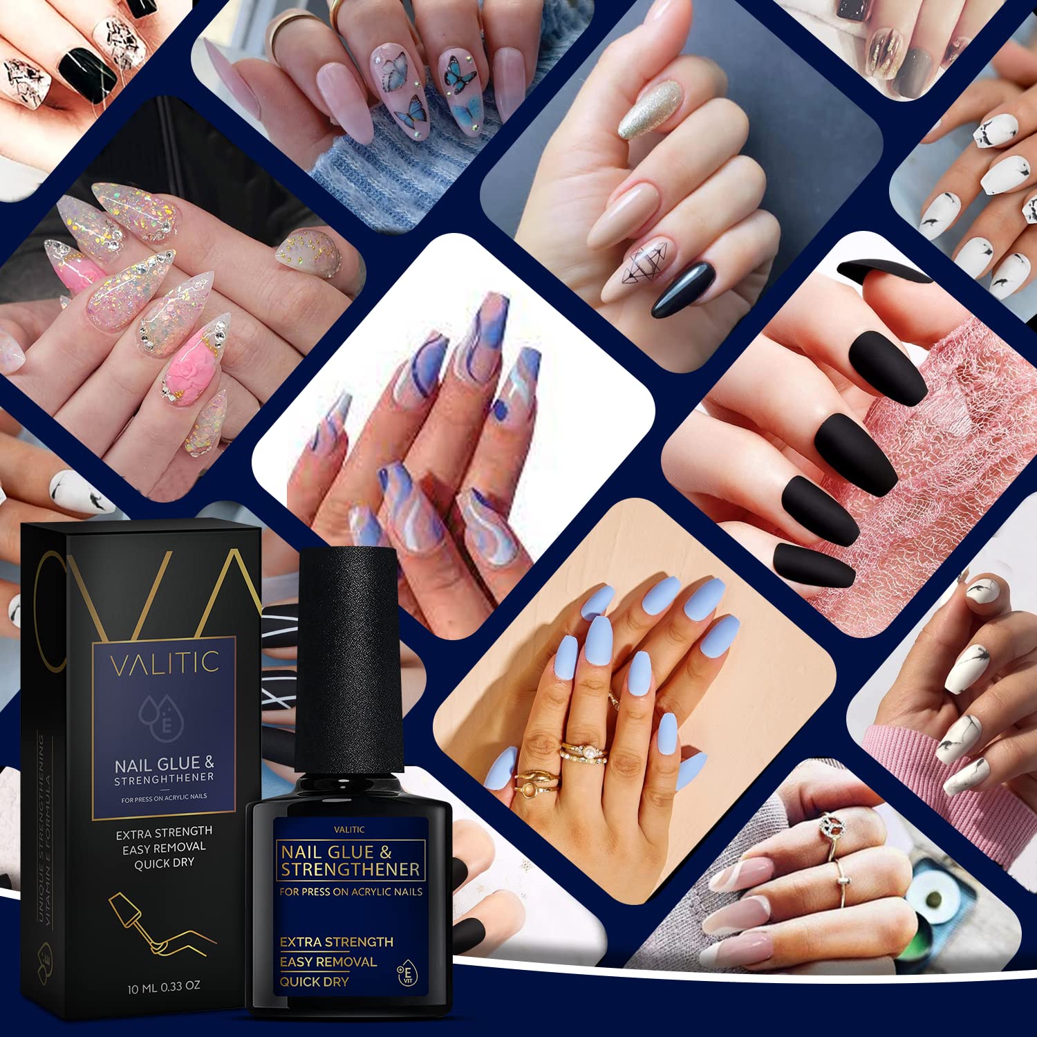 VALITIC Strong Nail Glue delivers long-lasting hold on acrylic nails.