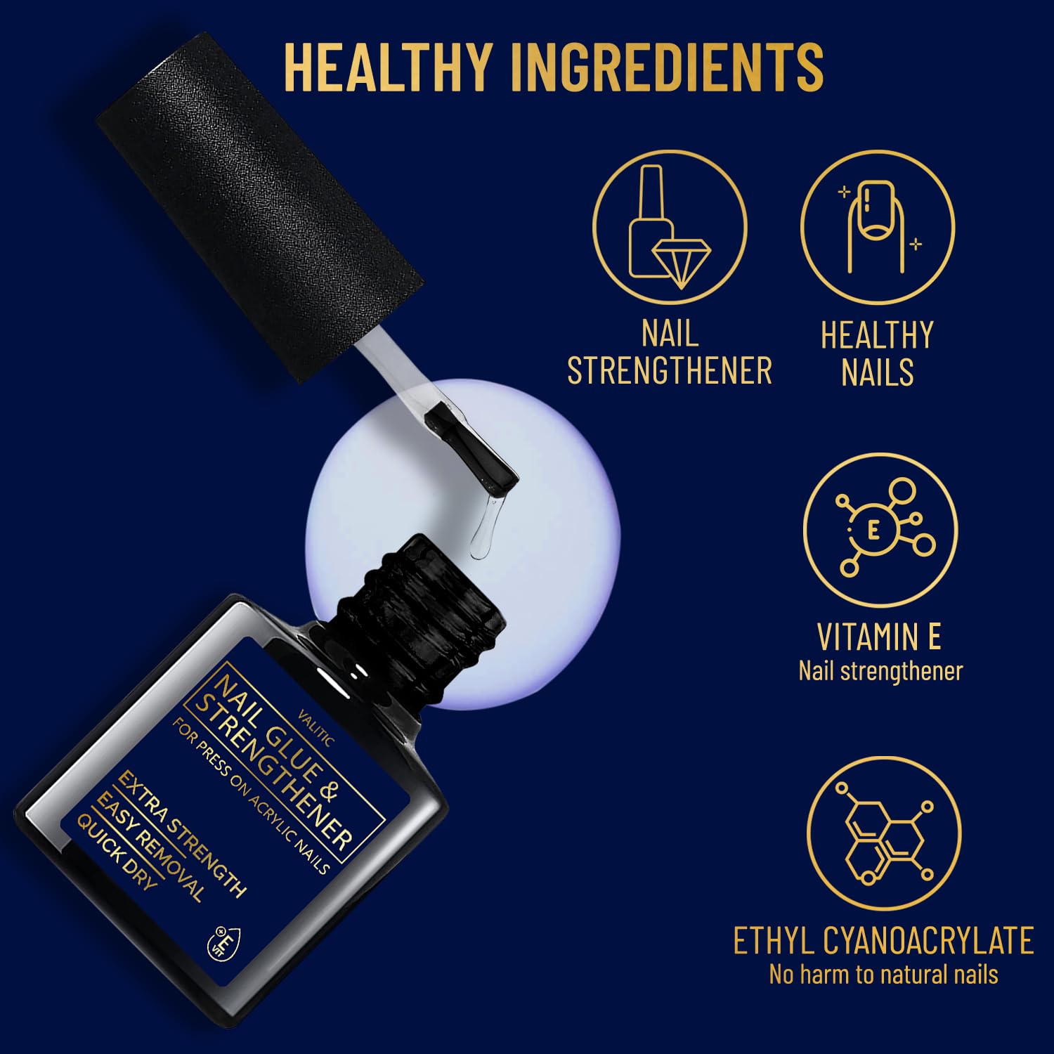 VALITIC Strong Nail Glue applying tips for strong, lasting adhesion on nails.